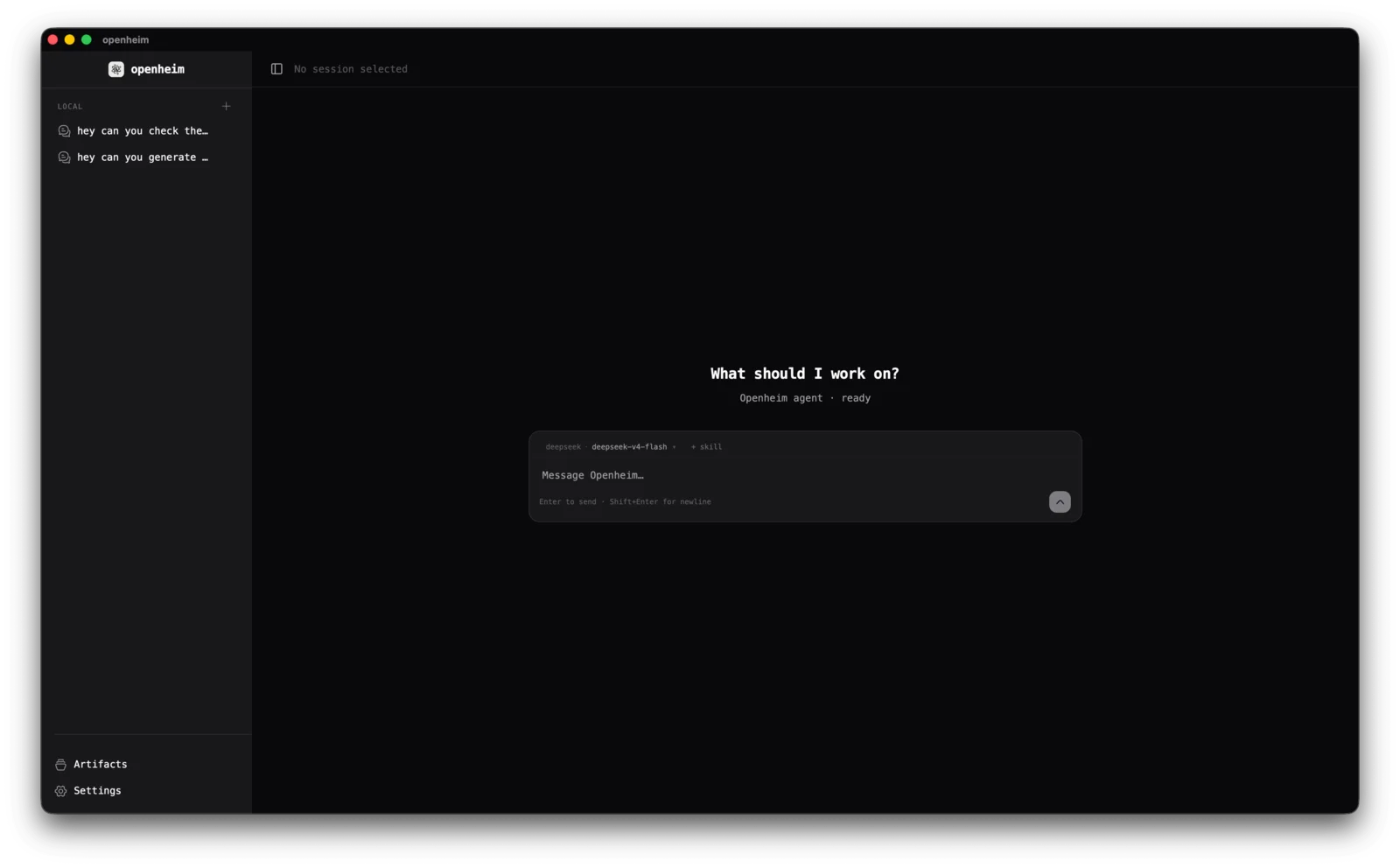 openheim desktop app on macOS with a session list and the message box ready for a new chat